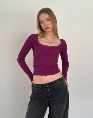 Women's Motel Rocks Bovita Long Sleeve Ribbed T Shirts Purple | ZUR7983OG