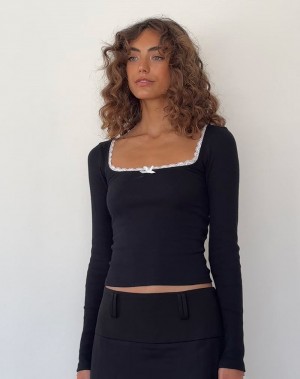 Women's Motel Rocks Bovita Long Sleeve T Shirts Black White | EFS8554RK