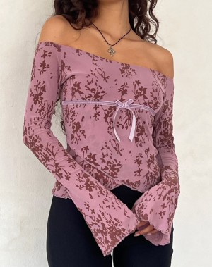 Women's Motel Rocks Kareena Long Sleeve Bardot T Shirts Purple | KZJ184ZH