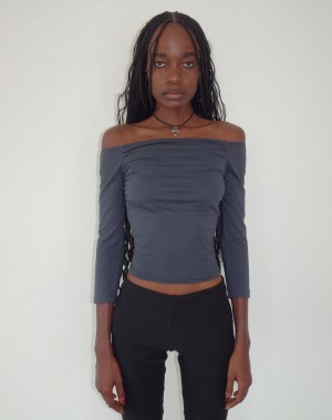 Women's Motel Rocks Koby Off Shoulder Bardot T Shirts Blue Grey | HWC2968XR