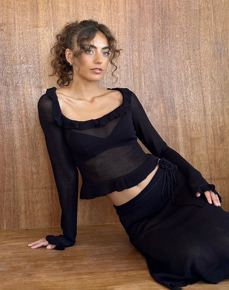 Women's Motel Rocks Ayako Frill Fine Knit T Shirts Black | BZR5644YF