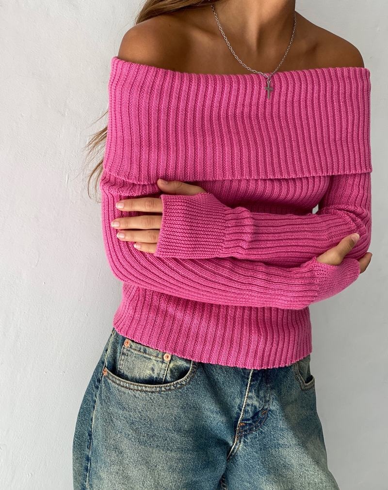 Women's Motel Rocks Circe Off-shoulder Long Sleeve Knit Top Jumpers Pink | XFC3235XF
