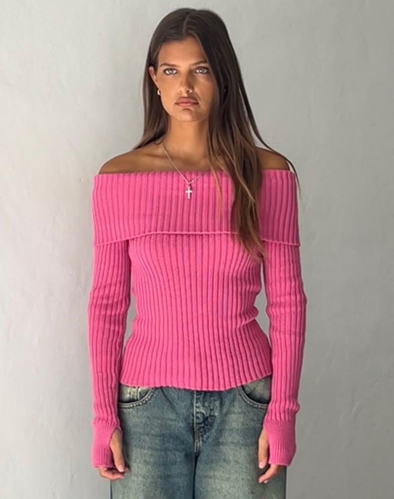 Women's Motel Rocks Circe Off-shoulder Long Sleeve Knit Top Jumpers Pink | XFC3235XF