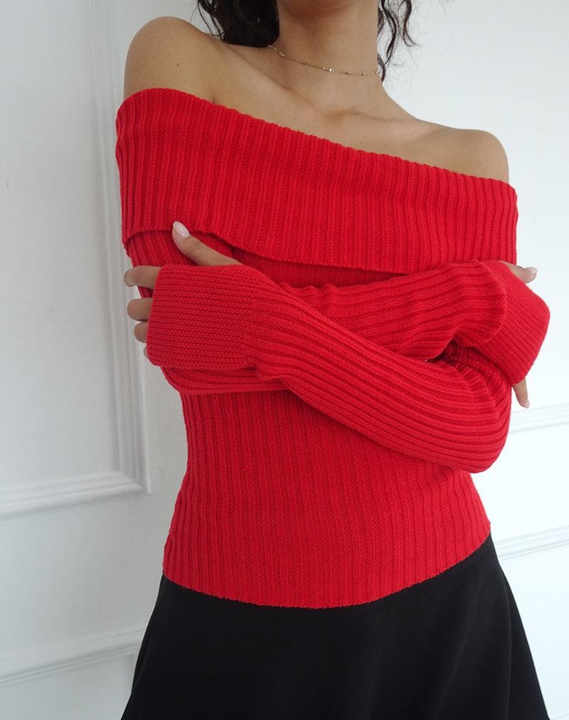 Women's Motel Rocks Circe Off-shoulder Long Sleeve Knit Top Jumpers Red | SLX4436UQ