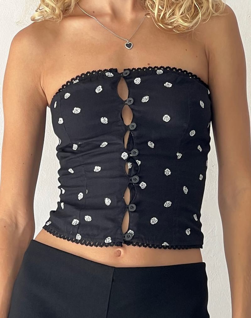 Women's Motel Rocks Lacey Button Front Corset Vest Black Rose | LOD4641MC