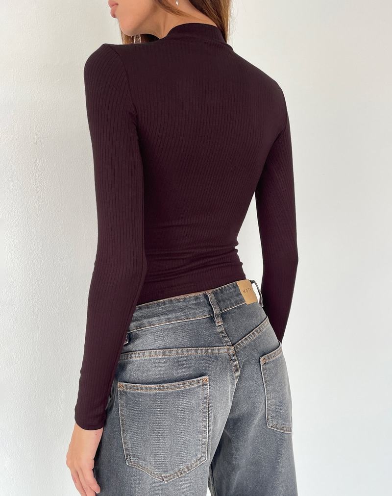 Women's Motel Rocks Mabel High-neck Long Sleeve Ribbed T Shirts Dark Red | IXV3785BK